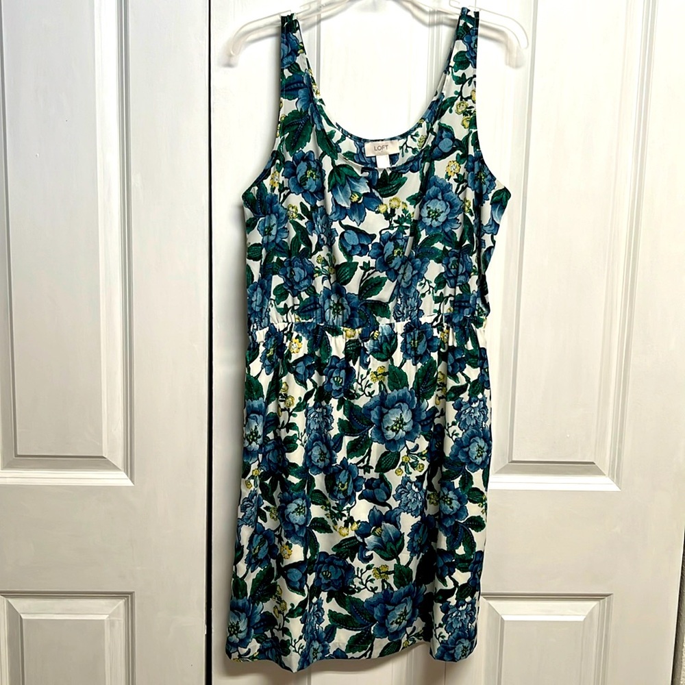 Ann Taylor Loft White Blue Floral Print Sun Tank Dress Size 10
